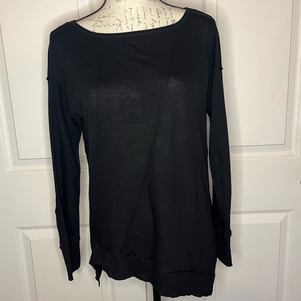 Eileen Fisher Bateau Neck Sweater Asymmetric Hem 100% Merino Wool Black Small